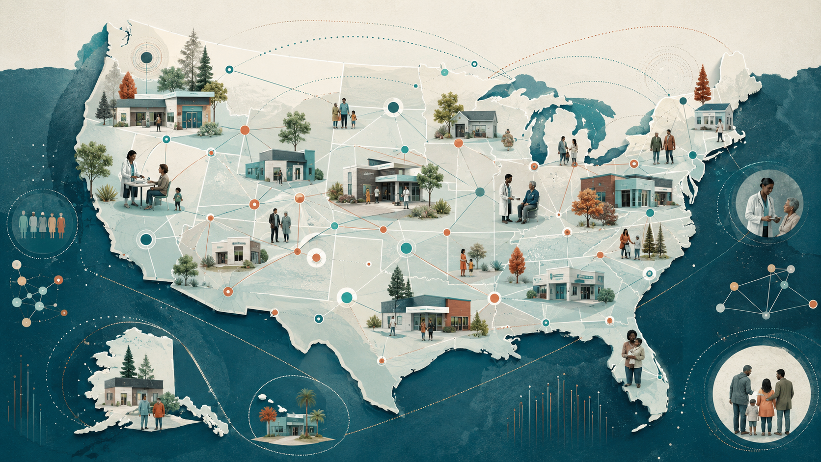 Illustrated map of the United States showing a connected network of community clinics, providers, and families across all regions